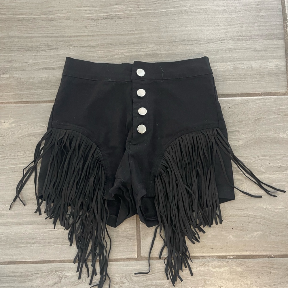 Black Fringe Shorts with Silver Buttons